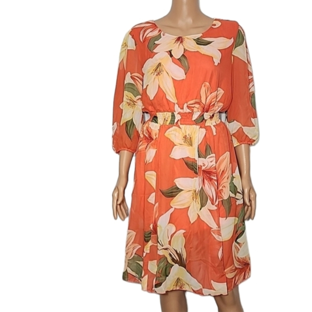 Kate and Lily Orange/Yellow Floral Dress 3/4 Sleeve Elastic Waist Size 10 Medium